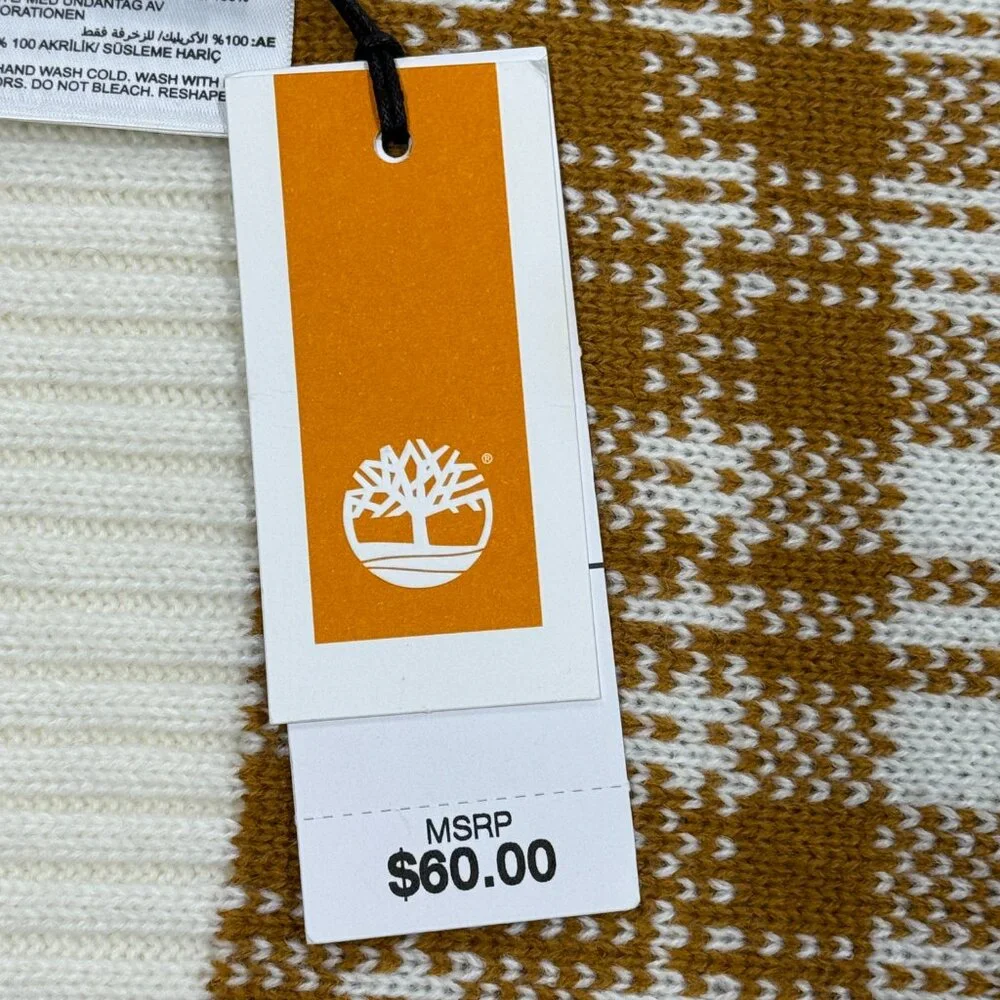 Timberland Winter Plaid Scarf Wrap Shawl New Acrylic Brown White 10 x 62 NWT New
